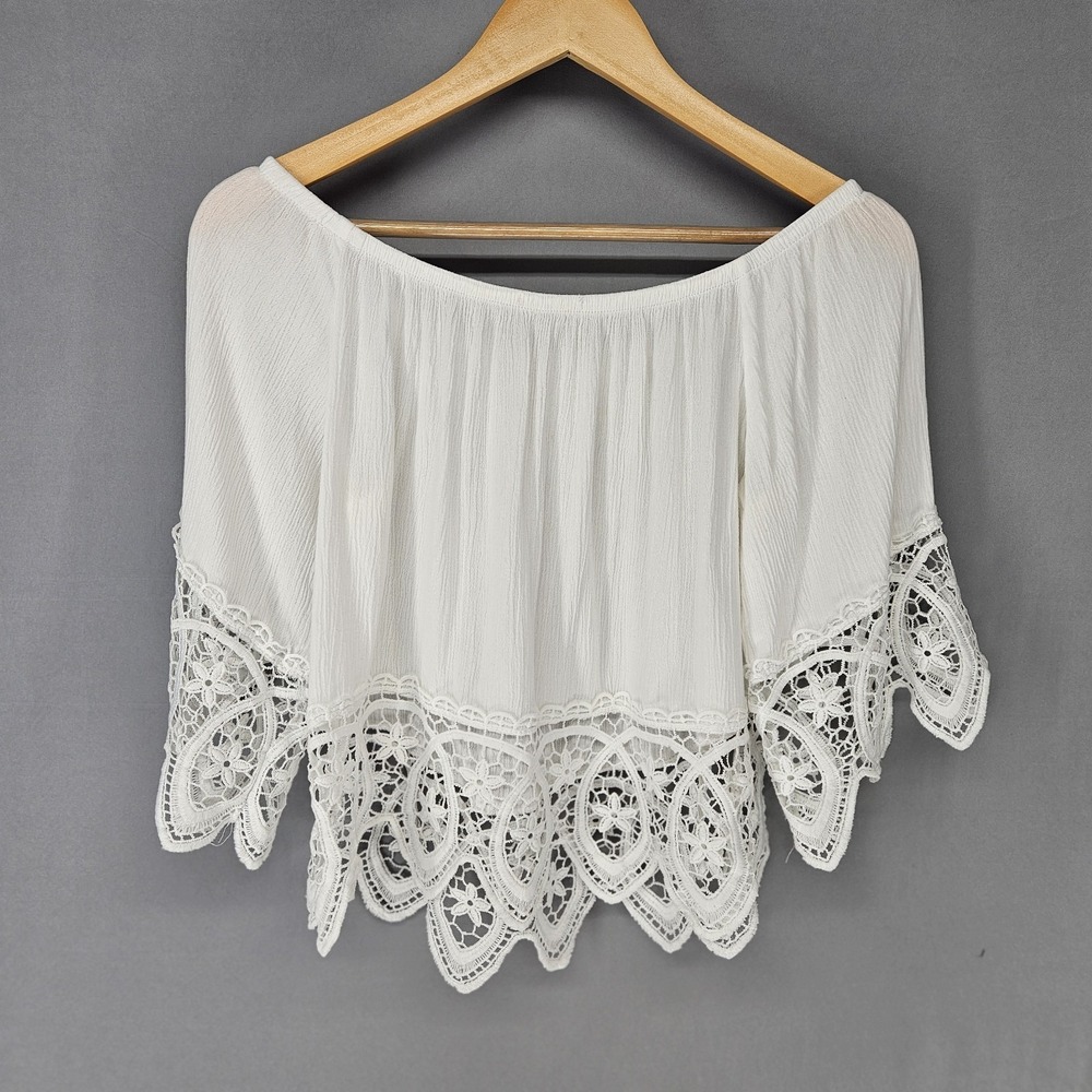 Papaya Off Shoulder Blouse Womens Small White Crochet Lace Boho Festival Top - Picture 3 of 5